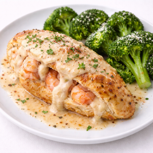 Pechuga rellena de camarones y queso mozzarella